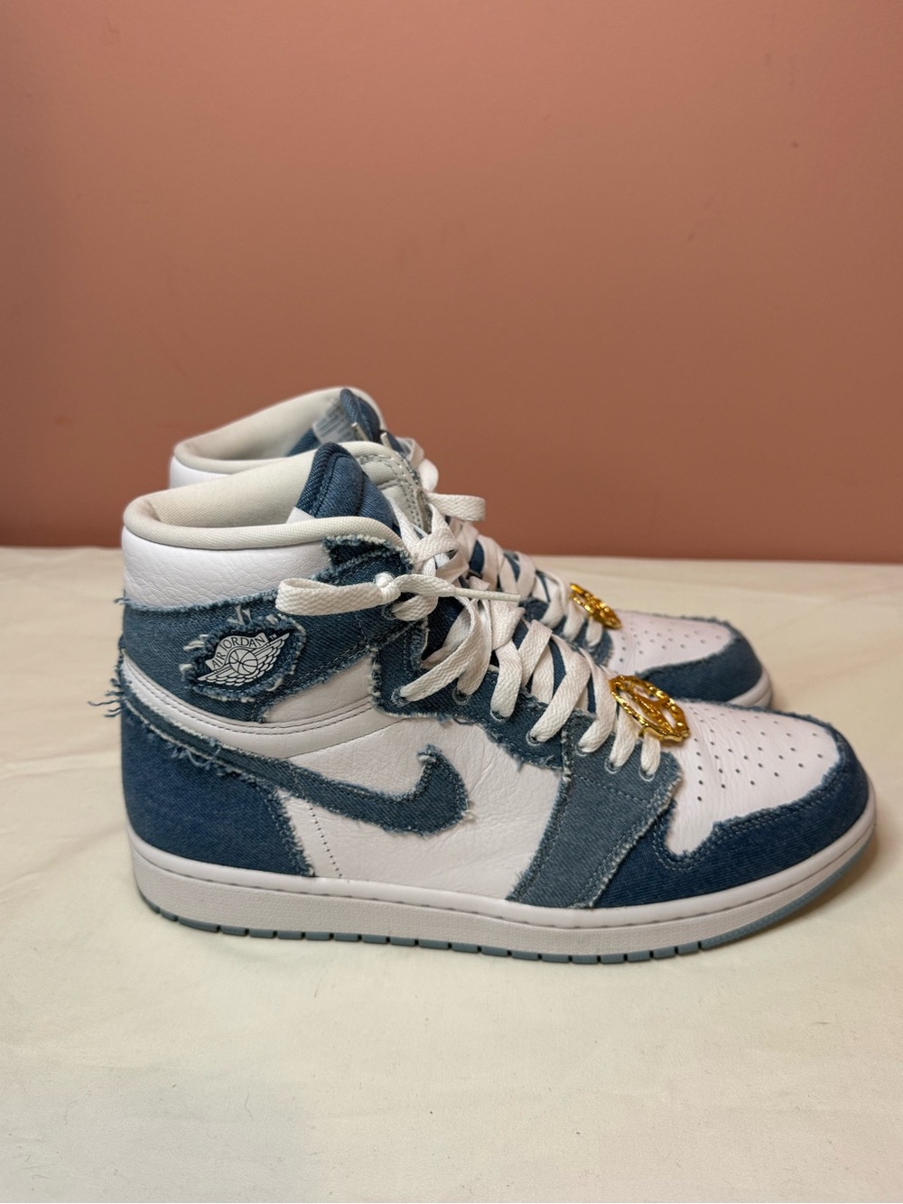 Jordan 1 High-Top Denim and White Leather Sneakers